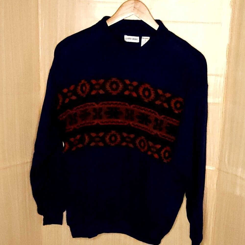 Lauren Brooke Womens Vintage Blue Collared Sweatshirt Southwestern Knit Detail L